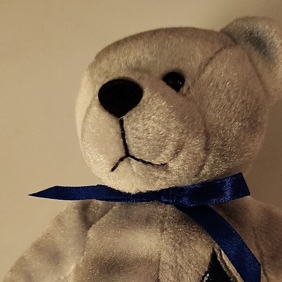 Gray and White Plush Bear with Blue Ribbon - Picture 2 of 11